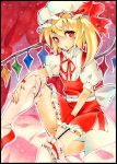  1girl blonde_hair bow flandre_scarlet hat hat_bow red_eyes shie_(m417) side_ponytail solo thigh-highs touhou white_legwear wings 