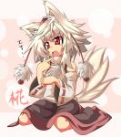  1girl animal_ears bare_shoulders detached_sleeves fang hat inubashiri_momiji open_mouth pom_pom_(clothes) red_eyes short_hair silver_hair sitting skirt solo tail tokin_hat touhou translation_request wariza wolf_ears wolf_tail 