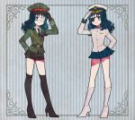  2girls black_legwear blazer blue_eyes blue_hair boots dual_persona eyepatch happy hat heartcatch_precure! high_heels kagami_chihiro knee_boots kneehighs kurumi_erika long_hair looking_at_viewer multiple_girls necktie precure shirt shorts smile standing thigh-highs thigh_boots uniform wavy_hair 