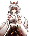  1girl animal_ears bridal_gauntlets detached_sleeves fangs hat highres inubashiri_momiji inyuppo rough short_hair silver_hair spell_card tail tokin_hat touhou wolf_ears wolf_tail 