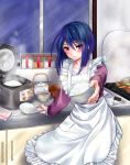  1girl apron blue_hair blush commentary_request everythinghoney girlfriend_(kari) hibara_eiko highres looking_at_viewer rice rice_cooker short_hair solo violet_eyes 