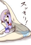  1girl alternate_eye_color arm_up armpits black_eyes blush_stickers breasts exercise from_behind long_hair looking_at_viewer looking_back mob_cap patchouli_knowledge purple_hair see-through smile solo spread_legs stretch touhou zannen_na_hito 