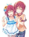  1boy 1girl ^_^ bow brother_and_sister child closed_eyes dress flower free! grin hair_bow hair_flower hair_ornament matsuoka_gou matsuoka_rin open_mouth shorts_under_skirt siblings smile sunflower v younger yuzuki_(higurashi40) 