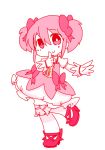  1girl :&gt; bow bubble_skirt choker cross-laced_footwear gloves hair_bow hand_on_own_face kaname_madoka kneehighs looking_at_viewer magical_girl mahou_shoujo_madoka_magica nura_(oaaaaaa) pink_eyes pink_hair short_twintails simple_background solo twintails white_background white_gloves white_legwear 