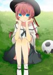  1boy ball blue_eyes braid crossdressinging grass hat inazuma_eleven_(series) inazuma_eleven_go kirino_ranmaru long_hair male pink_hair shirota69 sitting skirt soccer_ball solo telstar twin_braids 