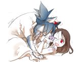  1girl animalization brown_hair carol_(skullgirls) dog hat hospital_gown kimjae737 licking long_hair nurse_cap red_eyes skullgirls valentine_(skullgirls) wince 