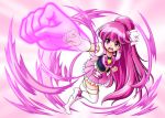  1girl :o aino_megumi boots bowtie brooch clenched_hand cure_lovely earrings energy hair_ornament happinesscharge_precure! heart_hair_ornament jewelry long_hair magical_girl mattsua pink pink_eyes pink_hair pink_skirt ponytail precure punching skirt solo thigh-highs thigh_boots white_legwear 