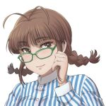  1girl akizuki_ritsuko braid brown_hair chiaki_rakutarou glasses idolmaster looking_at_viewer short_hair smile solo twin_braids 