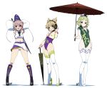  3girls :d alternate_costume armpits arms_up black_eyes blush boots brown_eyes brown_hair covered_navel cross-laced_footwear detached_sleeves green_hair grey_hair hand_on_thigh hat headset high_heels hyouju_issei lace-up_boots leotard long_sleeves looking_at_viewer midriff mononobe_no_futo multiple_girls navel one-piece_swimsuit open_mouth oriental_umbrella ponytail racequeen red_eyes shoes short_hair simple_background smile soga_no_tojiko stitched swimsuit tate_eboshi thigh-highs thigh_boots touhou toyosatomimi_no_miko umbrella white_background 
