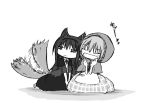  2girls :d akemi_homura animal_ears black_hair capelet cheek-to-cheek closed_eyes earrings funeral_dress hair_ribbon happy hood jewelry kaname_madoka kemonomimi_mode little_red_riding_hood long_hair mahou_shoujo_madoka_magica mahou_shoujo_madoka_magica_movie monochrome multiple_girls open_mouth parody ribbon short_twintails simple_background smile tail twintails white_background wolf_ears wolf_tail yukimizu 