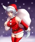  1girl animal_ears bag bare_shoulders black_panties blush breasts detached_sleeves fang hat highres inubashiri_momiji large_breasts looking_at_viewer miniskirt open_mouth panties pom_pom_(clothes) red_eyes red_legwear santa_costume santa_hat sekitaku short_hair silver_hair skirt snow solo tail touhou underwear wolf_ears wolf_tail 