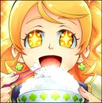  +_+ 1girl :d blonde_hair bowl chopsticks close-up cure_honey earrings eating eyelashes food happinesscharge_precure! jewelry long_hair magical_girl oomori_yuuko open_mouth precure rice rice_bowl smile solo sparkle yamashiro yellow_eyes 