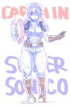  1girl blush boots breasts captain_america headphones large_breasts long_hair looking_away marvel nitroplus one_eye_closed open_mouth pink_hair red_eyes shield solo super_sonico wink zimbabwefumi 