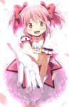  1girl 4b-enpitsu blush bow foreshortening gloves hair_bow kaname_madoka magical_girl mahou_shoujo_madoka_magica petals pink_eyes pink_hair ribbon short_hair short_twintails smile solo tail twin twintails 