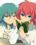  2boys aqua_hair bespectacled blue_eyes book glasses inazuma_eleven_(series) inazuma_eleven_go kariya_masaki kirino_ranmaru long_hair male multiple_boys redhead shirota69 simple_background translation_request twintails white_background yellow_eyes 