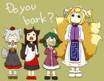  4girls :&lt; animal_ears black_eyes blonde_hair brooch brown_hair child closed_eyes commentary_request detached_sleeves dress english flying_sweatdrops fox_tail gagged geta green_hair hands_in_sleeves hat hat_ribbon hat_with_ears imaizumi_kagerou inubashiri_momiji jewelry kasodani_kyouko long_sleeves multiple_girls multiple_tails open_mouth peconica pink_dress ribbon shirt silver_hair skirt tabard tail tokin_hat touhou white_dress wide_sleeves wolf_ears wolf_tail yakumo_ran younger 