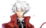  1boy blazblue earrings heterochromia jacket jewelry ragna_the_bloodedge red_jacket silver_hair uzukinoko 