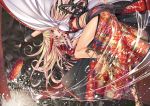  1girl :d blonde_hair bow breasts chain cuffs embellished_costume fan fangs folding_fan gloves high_heels highres horn hoshiguma_yuugi kantarou_(nurumayutei) large_bow large_breasts liquid long_hair looking_at_viewer manacles midriff open_mouth red_eyes sakazuki shackles smile solo touhou wide_sleeves 