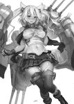  1girl blonde_hair blush breasts budget_sarashi dark_skin fingerless_gloves glasses gloves headgear kantai_collection lm7_(op-center) long_hair monochrome musashi_(kantai_collection) open_mouth personification sarashi signature skirt solo thigh-highs twintails 