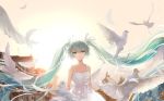 1girl aqua_hair bird blue_eyes crying crying_with_eyes_open dove dress hatsune_miku long_hair solo sundress tears twintails very_long_hair vocaloid wallacexi white_dress 