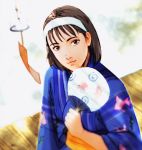  1girl bangs brown_hair closed_mouth fan hairband holding_fan japanese_clothes kawano_takuji kazama_jun kimono lips namco obi official_art sash short_hair solo tekken tekken_2 tekken_tag_tournament tekken_tag_tournament_2 textless white_hairband yukata 