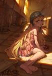  1girl bakemonogatari bare_shoulders barefoot blonde_hair brown_eyes chair doughnut dress feet food food_on_face goggles goggles_on_hat goggles_on_head hat highres holding legs lips long_hair long_legs looking_at_viewer monogatari_(series) oshino_shinobu shade sitting soles solo speh strap_slip sunlight sweat toes very_long_hair watermark web_address window yellow_eyes 