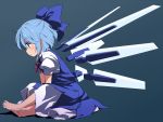  1girl alternate_wings barefoot blue_dress blue_eyes blue_hair bow cirno dress grey_background hair_bow indian_style mechanical_wings puffy_short_sleeves puffy_sleeves shirt short_sleeves simple_background sitting solo touhou wings yudepii 