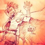  1boy bandages belt cape grin kamina male nonosaki sarashi shirtless sketch smile solo tattoo tengen_toppa_gurren_lagann traditional_media waving 