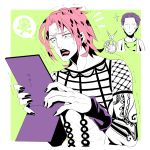  2boys alternate_hairstyle diavolo jojo_no_kimyou_na_bouken kira_yoshikage lipstick makeup mirror multiple_boys pink_hair purple_hair scissors short_hair sparkle spoken_skull tears tsubasuke 