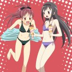  2girls akemi_homura bikini black_hair blush bow cap_(dkdm-d) crepe food hair_bow hairband jacket jacket_off_shoulders long_hair mahou_shoujo_madoka_magica multiple_girls open_mouth ponytail red_eyes redhead sakura_kyouko surprised swimsuit tagme 