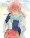 1boy blush closed_eyes gift gloves inazuma_eleven_(series) inazuma_eleven_go incoming_gift kirino_ranmaru long_hair male pink_hair scarf shirota69 solo twintails 