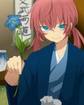  1boy blue_eyes blurry depth_of_field flower inazuma_eleven_(series) inazuma_eleven_go japanese_clothes kirino_ranmaru long_hair male redhead shirota69 solo twintails 