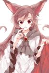  1girl animal_ears brooch brown_eyes brown_hair chachi_(azuzu) fingernails highres imaizumi_kagerou jewelry long_fingernails long_sleeves looking_at_viewer red_nails shirt simple_background skirt solo tail touhou white_background wide_sleeves wolf_ears 