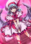 1girl ascot bat_wings blue_hair blush bow brooch capelet hat hat_bow hemogurobin_a1c jewelry open_mouth pointy_ears red_eyes remilia_scarlet solo thigh_strap touhou wings wrist_cuffs 