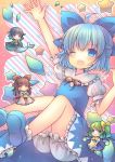  4girls ahoge bloomers blue_eyes blue_hair brown_eyes brown_hair cirno daiyousei fish_tail green_eyes green_hair hair_tubes hakurei_reimu head_fins ice ice_wings multiple_girls one_eye_closed pjrmhm_coa raised_hand side_ponytail solo touhou underwear wings wink 