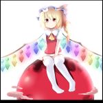  1girl ascot blonde_hair flandre_scarlet highres magicalchan mob_cap panties puffy_short_sleeves puffy_sleeves red_eyes short_sleeves side_ponytail sitting sitting_on_object smile sphere striped striped_panties thigh-highs touhou underwear white_legwear wings 