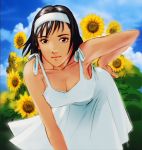 1girl bangs bare_arms bare_shoulders bent_over black_hair breasts cleavage closed_mouth collarbone dress feet_out_of_frame female field flower flower_field hairband hand_on_hip kawano_takuji kazama_jun leaning_forward lips looking_at_viewer namco official_art short_hair sleeveless sleeveless_dress solo sunflower tekken tekken_2 tekken_tag_tournament tekken_tag_tournament_2 textless white_dress white_hairband