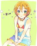  bikini_top blush character_name green_eyes hair_ornament highres hoshizora_rin looking_at_viewer love_live!_school_idol_project nemuhito orange_hair overalls ruffled_skirt short_hair shorts smile star tagme 