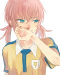  1boy blue_eyes inazuma_eleven_(series) inazuma_eleven_go injury kirino_ranmaru lightning_bolt long_hair male pink_hair raimon shirota69 soccer_uniform solo sportswear twintails white_background 