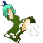  &gt;:) 1girl beckoning breasts dress ghost_tail green_dress green_eyes green_hair hand_on_own_chest hat long_sleeves looking_at_viewer machi_no_dakashiya outstretched_arm outstretched_hand short_hair simple_background smile soga_no_tojiko solo tate_eboshi touhou white_background 
