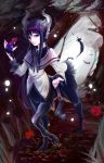  1girl akemi_homura akuma_homura animal_ears black_hair centaur feathers flower forest hair_ribbon highres horns long_hair looking_at_viewer mahou_shoujo_madoka_magica mahou_shoujo_madoka_magica_movie monster_girl nature pointy_ears ribbon salamander smile solo spider_lily spoilers tears very_long_hair violet_eyes 