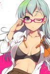  1girl aqua_hair bespectacled blush bra glasses hair_ornament hairclip kantai_collection long_hair looking_at_viewer open_clothes open_shirt personification pochi_(pochi-goya) pout solo suzuya_(kantai_collection) underwear 