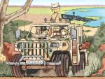  3girls animal_hat blonde_hair camouflage coh driving dust gloves goggles goggles_on_head gun hat helmet jeep lake machine_gun map mars_expedition military military_uniform military_vehicle motor_vehicle multiple_girls short_hair soldier tree uniform vehicle water weapon 
