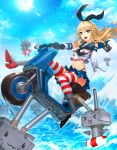  1girl absurdres anchor black_panties blonde_hair blue_eyes blush cherrylich elbow_gloves gloves hair_ornament hair_ribbon highleg highleg_panties highres kantai_collection long_hair looking_at_viewer motor_vehicle navel ocean open_mouth panties personification rensouhou-chan ribbon sailor_collar scooter shimakaze_(kantai_collection) skirt smile solo striped striped_legwear thigh-highs underwear vehicle water white_gloves 