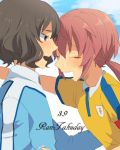  2boys armband blush brown_eyes brown_hair closed_eyes inazuma_eleven_(series) inazuma_eleven_go inazuma_eleven_go_galaxy kirino_ranmaru lightning_bolt long_hair male multiple_boys open_mouth pink_hair raimon shindou_takuto shinsei_inazuma_japan shirota69 soccer_uniform sportswear track_jacket twintails 