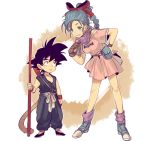  1boy 1girl belt belt_pouch black_hair blue_eyes blue_hair bow braid bulma child dragon_ball eye_contact gloves grin hair_bow looking_at_another monkey_tail open_mouth scarf shoes short_hair simple_background single_braid single_glove smile sneakers socks son_gokuu spiky_hair staff standing stere_o wristband 