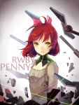  1girl ahoge bob_cut bow character_name copyright_name detached_collar dress english ginpenny green_eyes hair_bow long_sleeves looking_at_viewer multiple_swords parted_lips penny_(rwby) redhead rwby short_hair solo wind 