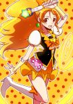  1girl :d blonde_hair boots bowtie brooch brown_eyes cure_honey earrings gymnastics_ribbon happinesscharge_precure! jewelry knee_boots long_hair magical_girl oomori_yuuko open_mouth orange_(color) orange_background polka_dot polka_dot_background precure shirono skirt smile solo standing_on_one_leg wand wrist_cuffs yellow_skirt 
