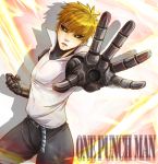  1boy black_sclera blonde_hair clenched_hand copyright_name cyborg genos mechanical_arms onepunch_man outstretched_hand polo_shirt short_hair solo yellow_eyes 