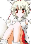  1girl animal_ears bare_shoulders blush breasts detached_sleeves hat highres inubashiri_momiji looking_at_viewer pom_pom_(clothes) red_eyes short_hair silver_hair simple_background sitting skirt solo tail tokin_hat touhou white_background wolf_ears wolf_tail 